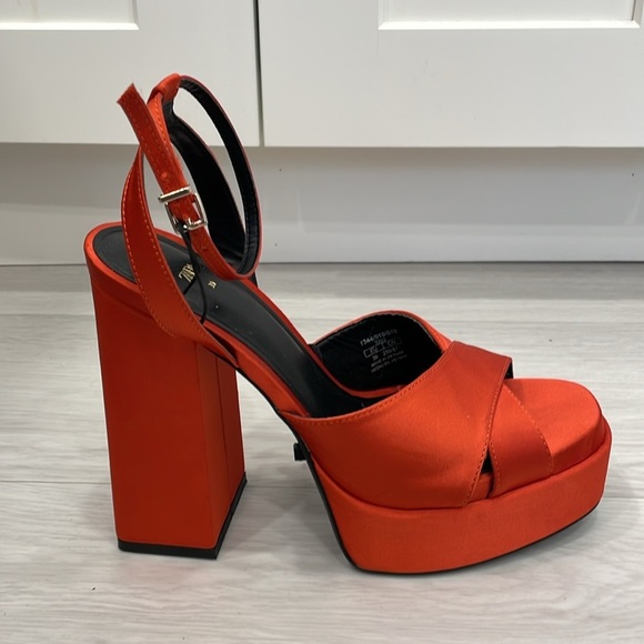 Zara Orange Satin Chunky Platform Heels - Picture 8 of 16